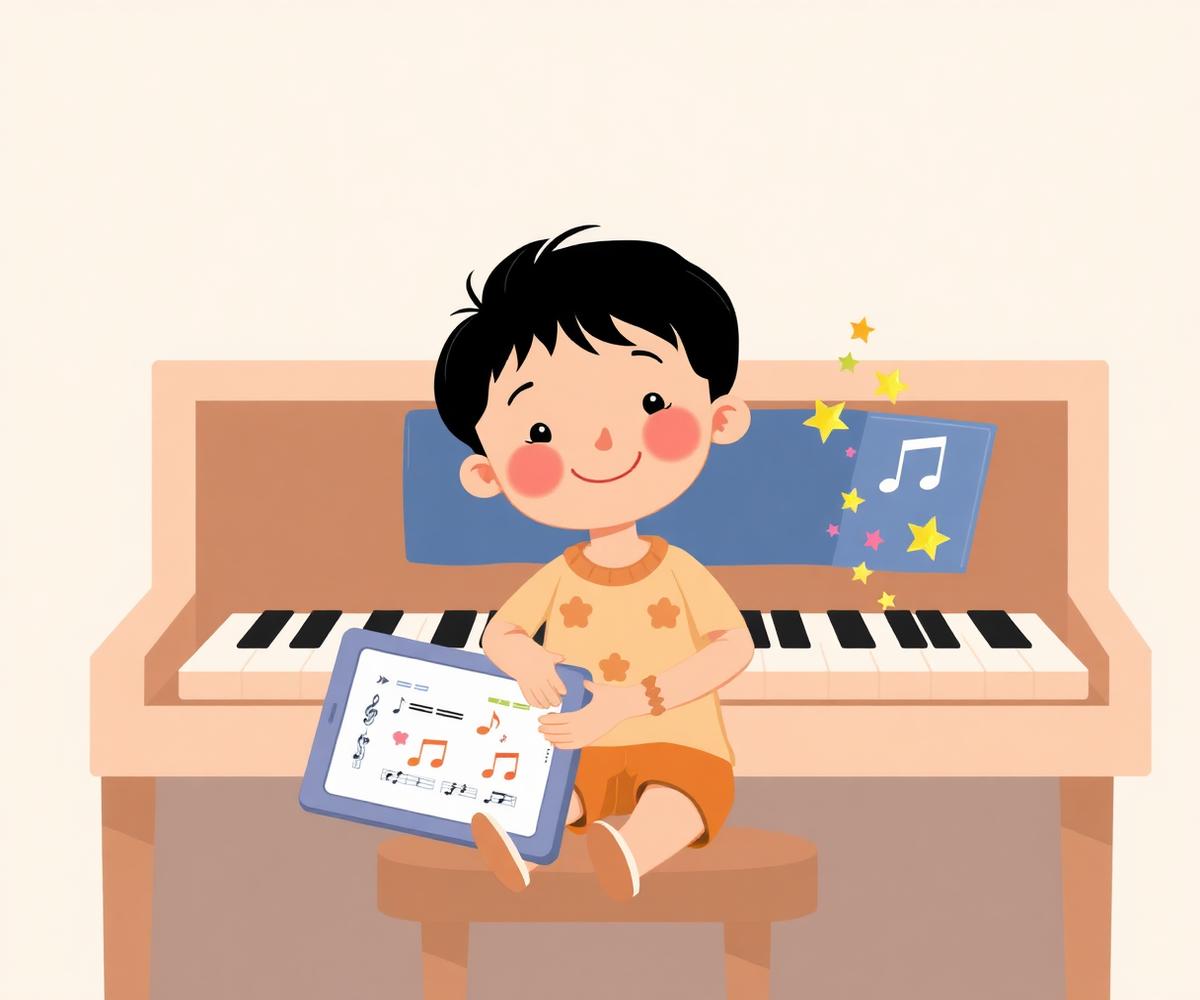 A happy child practising piano with My Next Note on a tablet